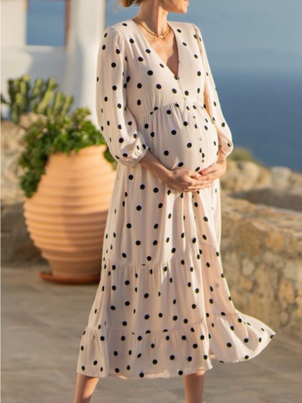 Seraphine Polka Dot Maternity Maxi Dress - Button-down, Cream with Black Dots